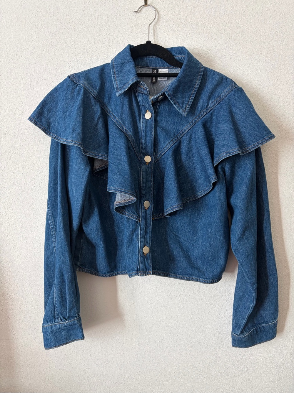 H&M NWT Boho Western Ruffle Denim Top Dark Wash 100% Cotton Small
